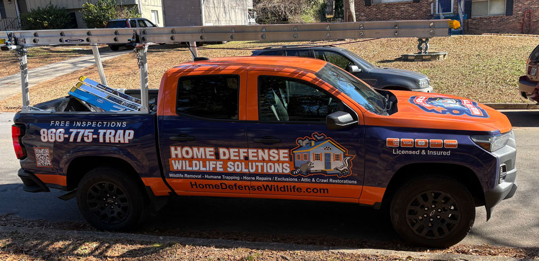 Home Defense Wildlife Solutions truck parked in a Roswell, GA neighborhood for a squirrel removal job.